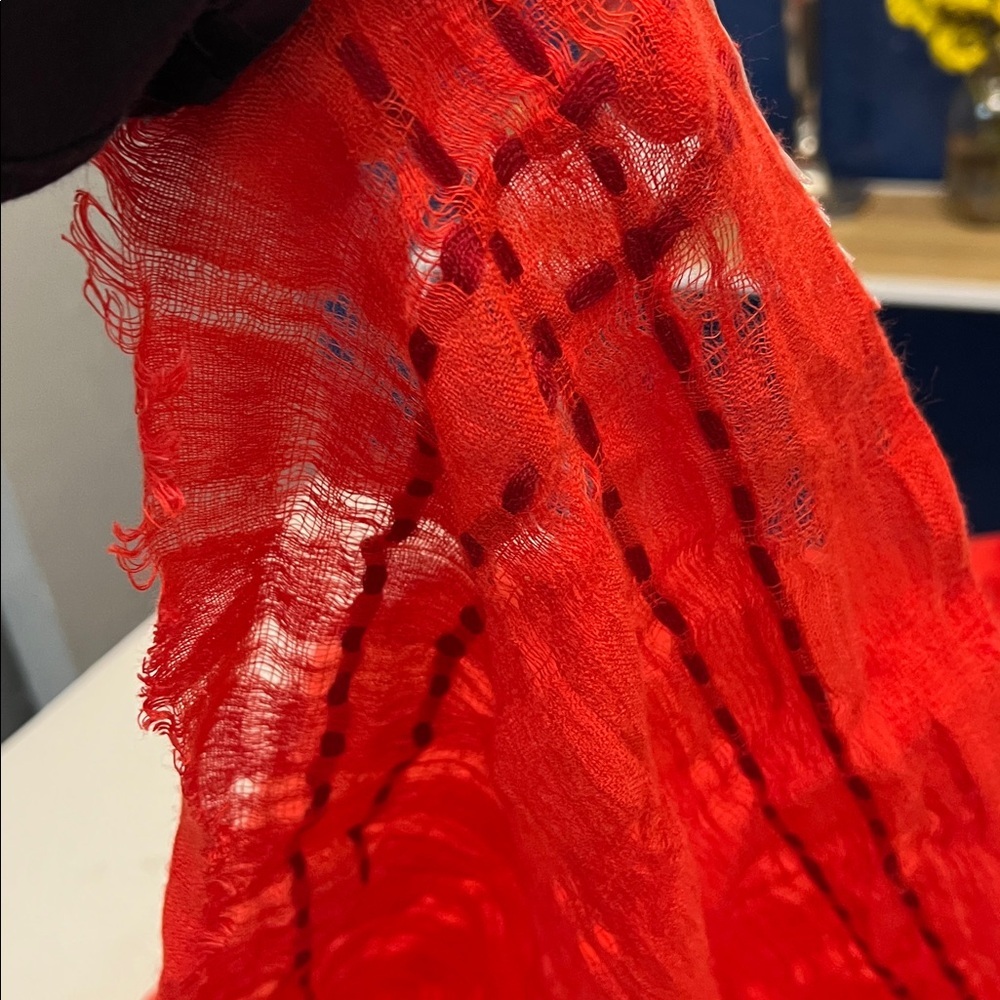EILEEN FISHER RED CASUAL SHEER LARGE LINEN/CASHMERE/MERINO WOOL SCARF - Picture 6 of 6